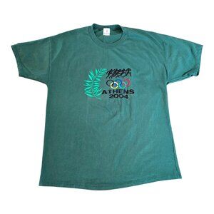 2004 Athens Greece Olympics Embroidered Short Sleeve T-Shirt Green Men's Size L
